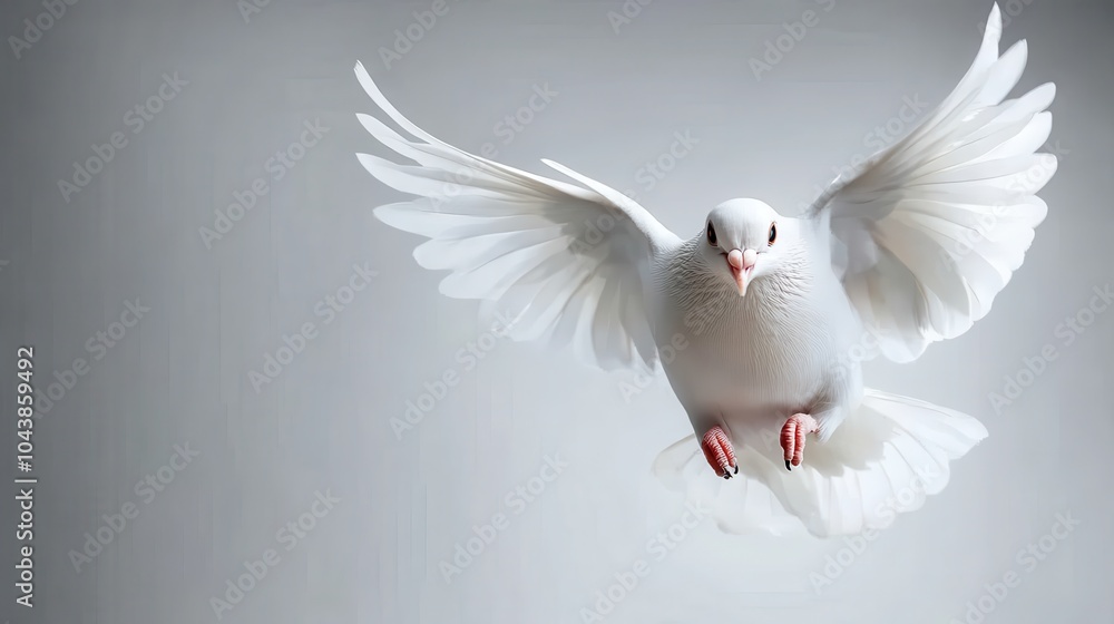 Fototapeta premium A stunning white dove with outstretched wings soars through a neutral, gray sky, symbolizing peace, freedom, and purity in a minimalist, artistic style.