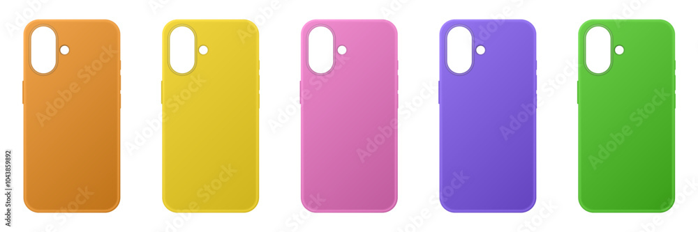 Set of smartphone cases. 3D phone mockup for print shop. Orange, yellow, pink, purple and green empty cases Set of smartphone cases. 3D phone mockup for print shop. Orange, yellow, pink, purple and green empty cases