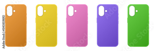 Set of smartphone cases. 3D  phone mockup for print shop. Orange, yellow, pink, purple and green empty cases