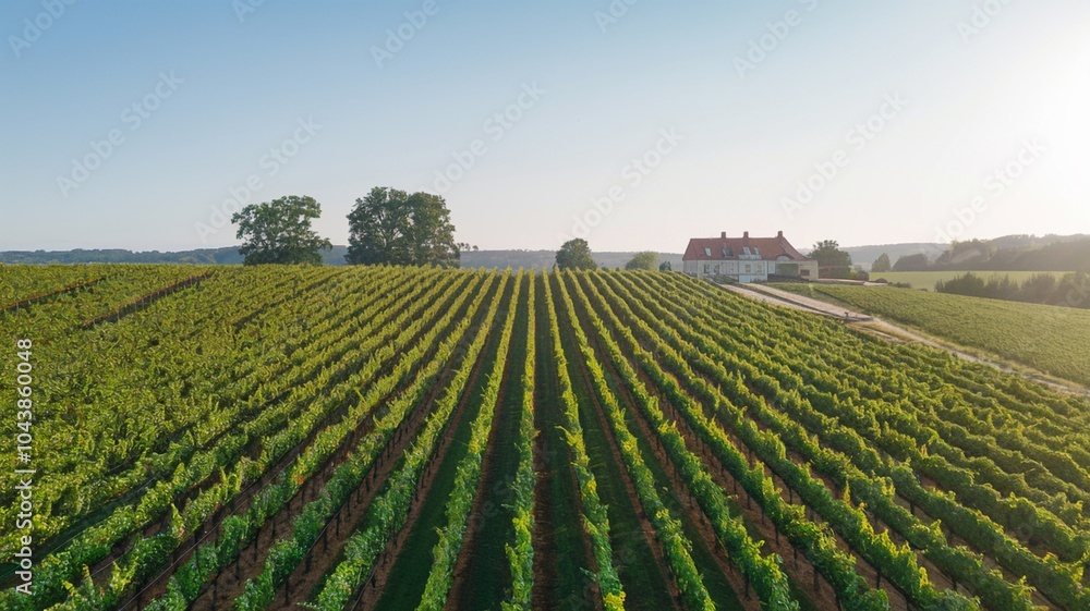Scenic Vineyard with Historic Farmhouse in Distance Scenic Vineyard with Historic Farmhouse in Distance