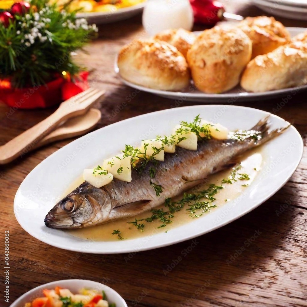 medium long shot photo of a traditional Polish Christmas Eve dinner with Herring medium long shot photo of a traditional Polish Christmas Eve dinner with Herring