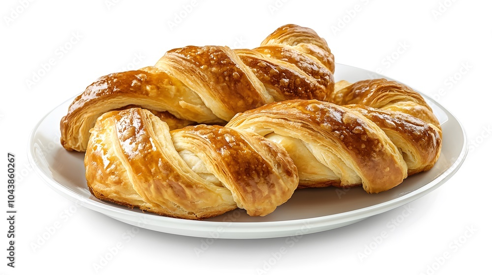 Golden crisp croissants on white plate - freshly baked breakfast delight Golden crisp croissants on white plate - freshly baked breakfast delight