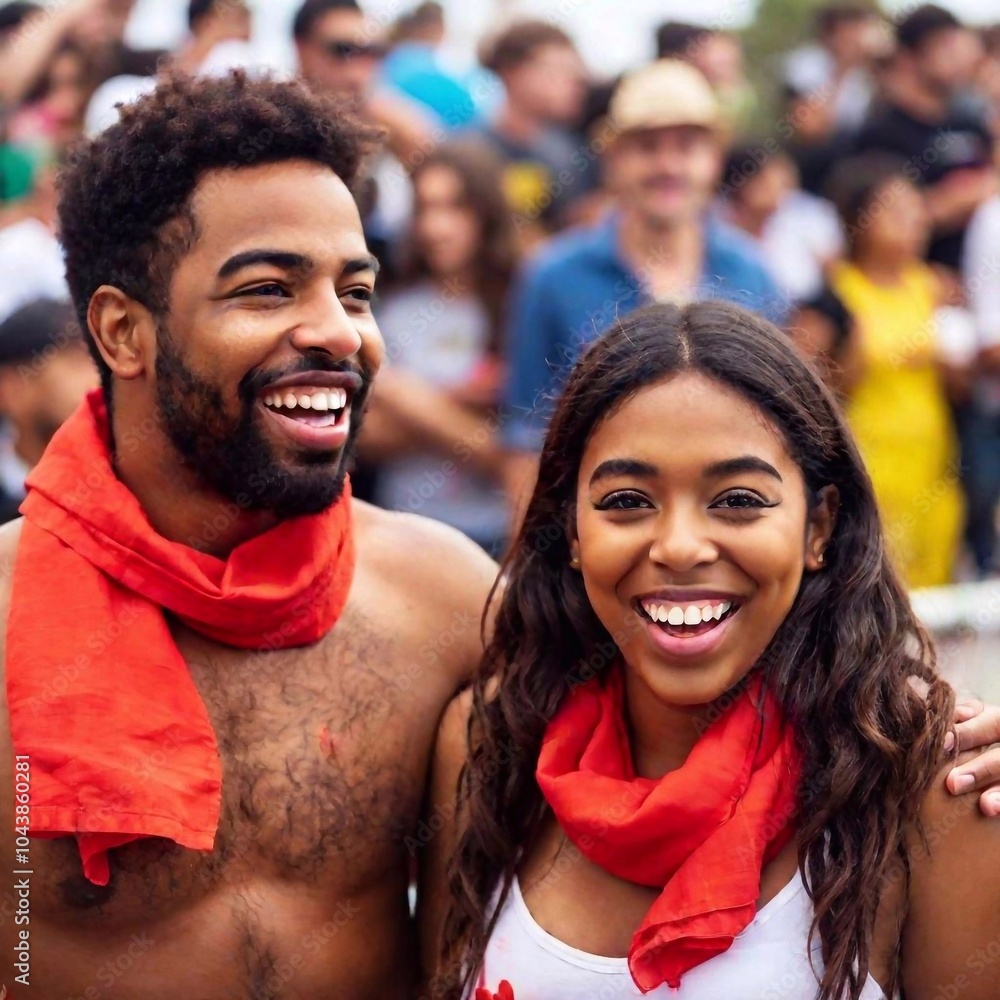 Fototapeta premium Long Shot (LS), Shallow Focus, Low Angle Shot: A young multiracial couple, covered in tomato splashes, enjoying the chaos of La Tomatina, with their joyful expressions in focus and the crowded