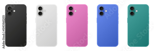 Mockup of a phone back side. Smartphone case. 3D mobile phone. Cell phone. Black, white, pink, green and blue phones