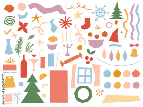 Cutout Christmas vector elements set in modern minimal paper style. Colorful geometric shapes templates for festive seasonal winter cards and decorations in retro color palette