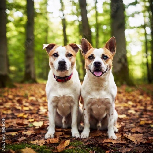 A full shot photo of a dog and cat exploring a forest, shallow focus, low angle shot, showing their full bodies and the towering trees in a wider portrait, emphasizing the sense of adventure