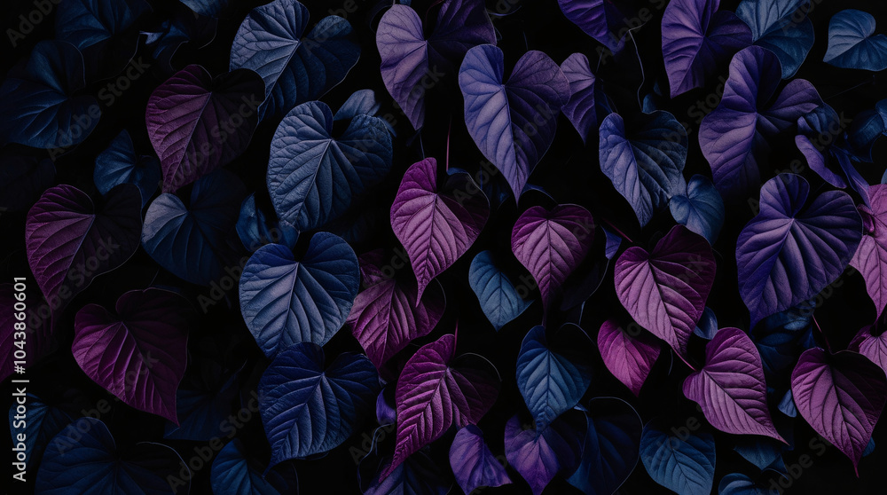 Fototapeta premium Moody Elegance A Vibrant Artistic Photograph of Overlapping Deep Purple and Dark Blue Leaves Against a Black Background, Highlighting Rich Textures and Intricate Details