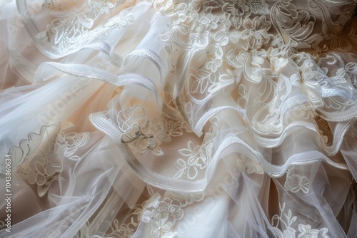 Delicate lace and fabric details of a wedding dress in a close-up view photo