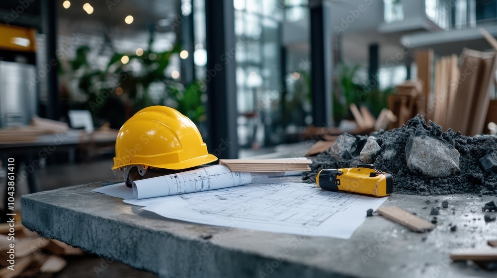 A vivid construction setting with a yellow hard hat and rolled-up blueprints alongside a drill on a concrete surface, symbolizing creativity and engineering. A vivid construction setting with a yellow hard hat and rolled-up blueprints alongside a drill on a concrete surface, symbolizing creativity and engineering.