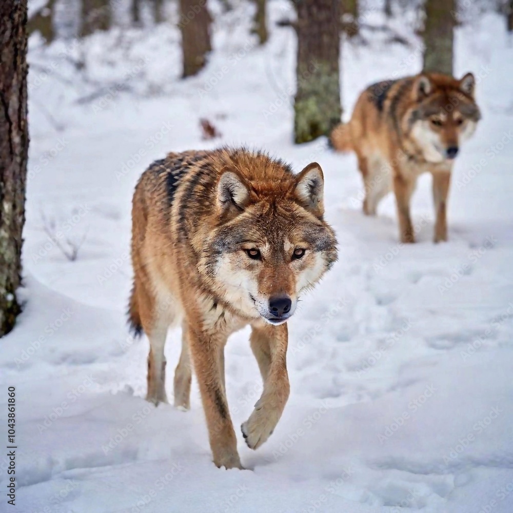 A full shot of a wolf pack traversing a snowy forest, with deep focus capturing the details of the wolves' fur and the snow-covered trees in their environment A full shot of a wolf pack traversing a snowy forest, with deep focus capturing the details of the wolves' fur and the snow-covered trees in their environment