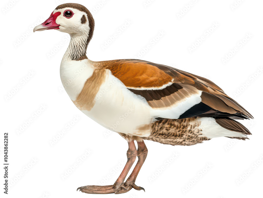 Obraz premium Elegant Egyptian goose with striking plumage on a white background.