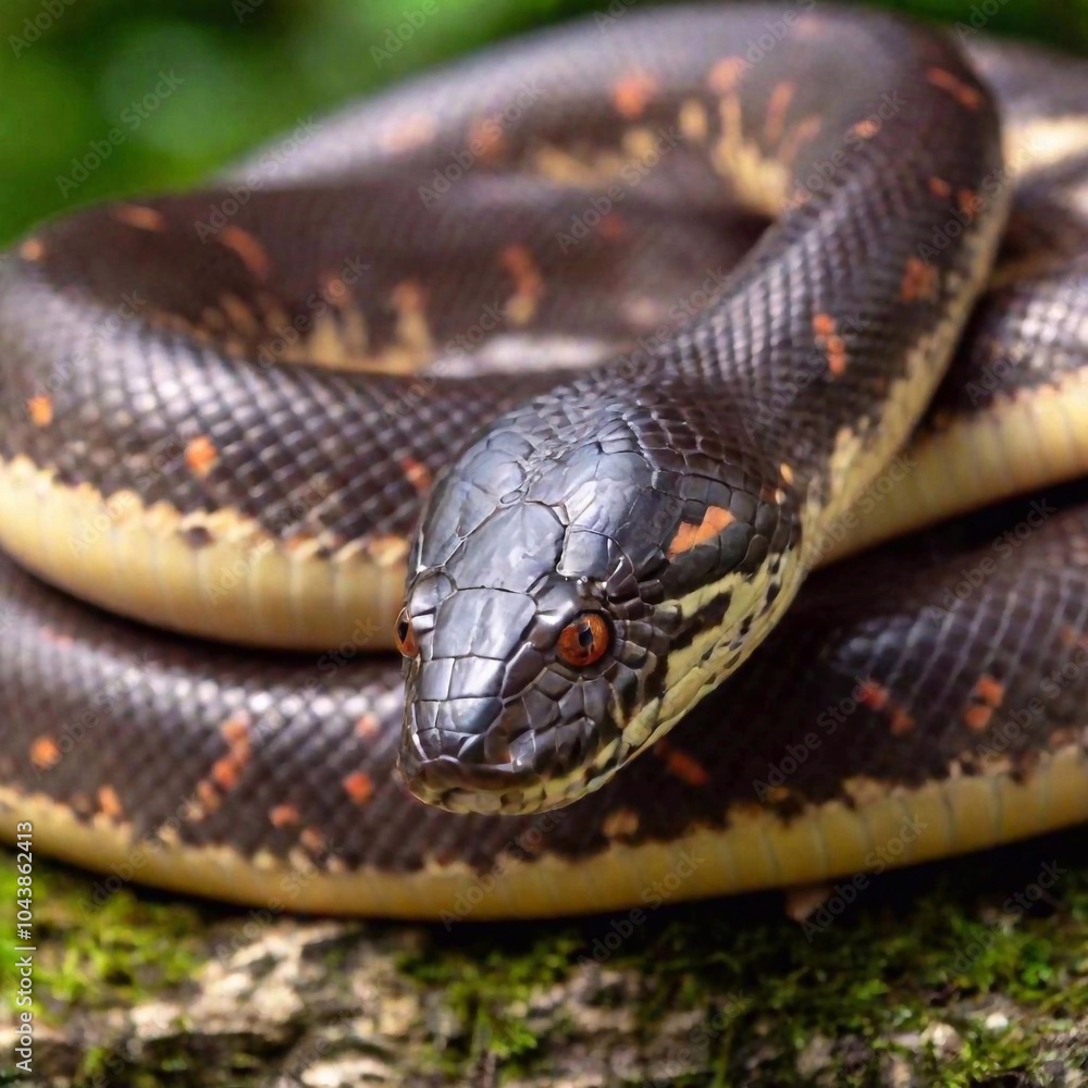 extreme macro shot of a snake coiled body, with a single scale in sharp focus, while the surrounding coils and the background gradually fade into a soft blur, emphasizing the snake's intricate form extreme macro shot of a snake coiled body, with a single scale in sharp focus, while the surrounding coils and the background gradually fade into a soft blur, emphasizing the snake's intricate form