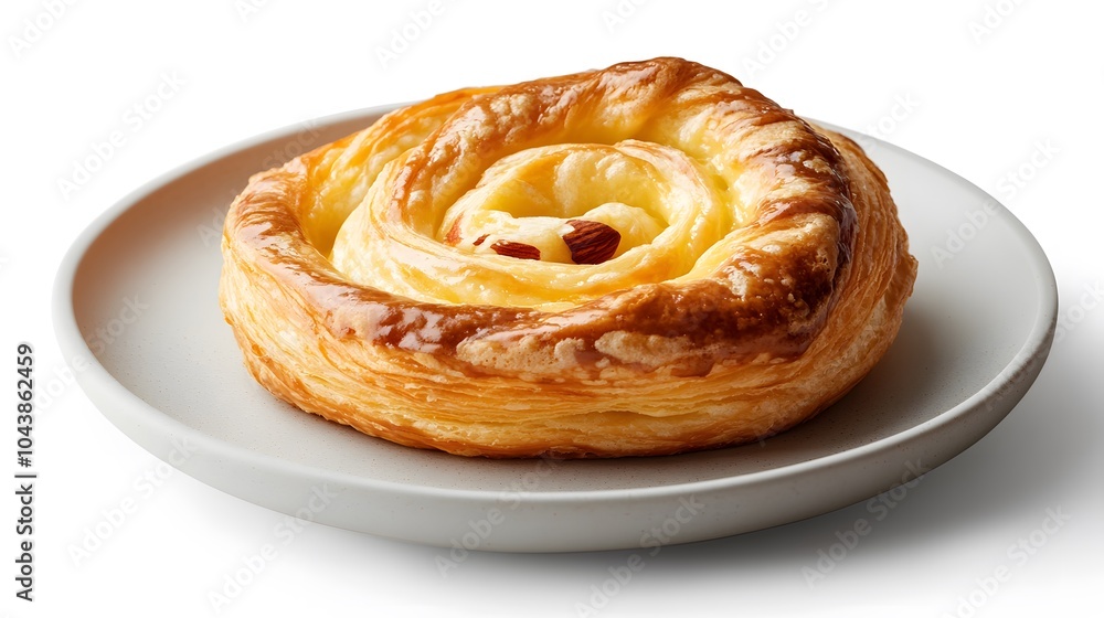 Delicious danish pastry with custard and almonds on a white plate Delicious danish pastry with custard and almonds on a white plate