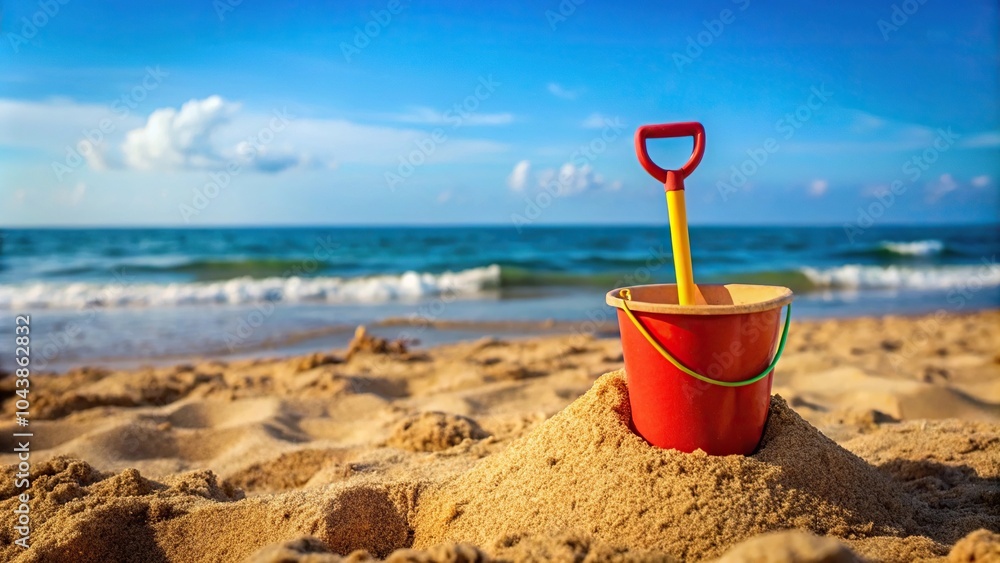 Sandcastle with bucket and shovel on beach Sandcastle with bucket and shovel on beach