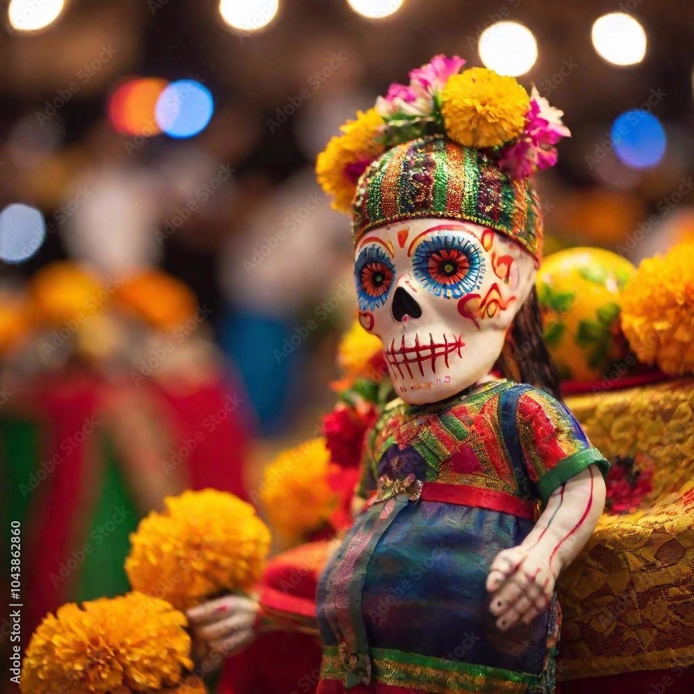 extreme macro A lively Dia de los Muertos street scene with stalls selling colorful decorations, including calaveras, papel picado, and marigold wreaths, set against a backdrop of festive lights and extreme macro A lively Dia de los Muertos street scene with stalls selling colorful decorations, including calaveras, papel picado, and marigold wreaths, set against a backdrop of festive lights and
