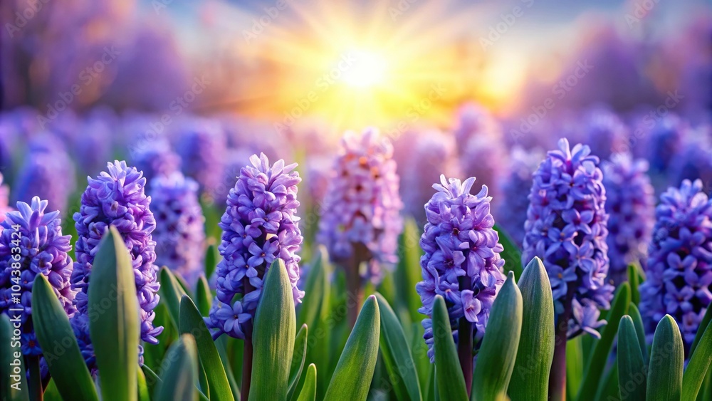 Fototapeta premium Radiant hyacinth blossoms in morning light captured in a long shot