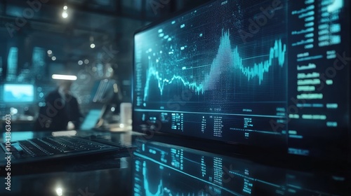 Forex market graph hologram and personal computer on background. Double exposure. Concept of investment photo