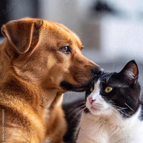 A close-up photo of a dog and cat snuggling together, deep focus, eye-level shot capturing their fur and the warmth of their interaction, providing a cozy and detailed portrait