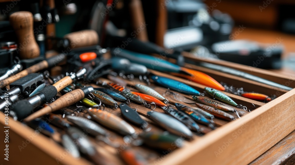 A neatly organized tackle box filled with a variety of colorful fishing lures, showcasing different styles and materials, perfect for avid fishing enthusiasts. A neatly organized tackle box filled with a variety of colorful fishing lures, showcasing different styles and materials, perfect for avid fishing enthusiasts.