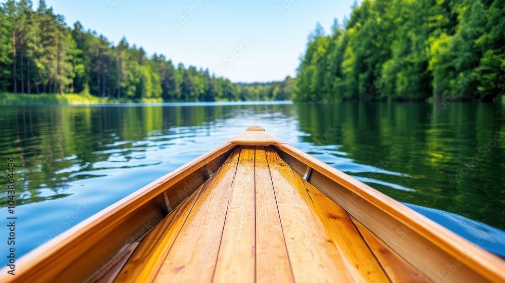 A serene view from a wooden canoe floating gently on a peaceful lake, surrounded by dense green forest, demonstrating harmony between water and greenery. A serene view from a wooden canoe floating gently on a peaceful lake, surrounded by dense green forest, demonstrating harmony between water and greenery.