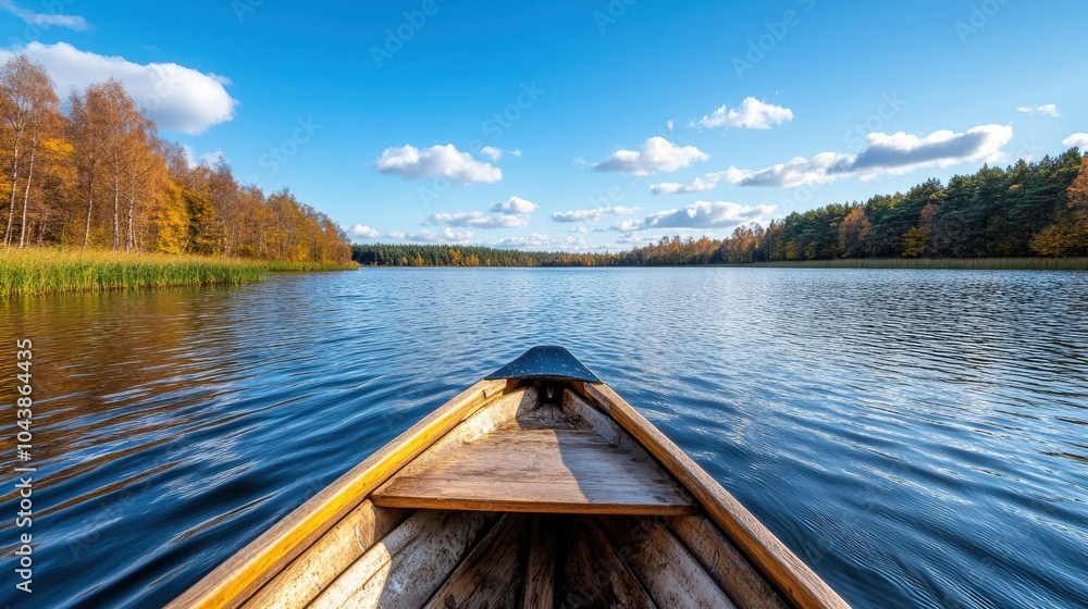 The front view from a wooden boat looking across a calm lake, surrounded by vibrant autumn trees, showcasing a tranquil and serene natural setting. The front view from a wooden boat looking across a calm lake, surrounded by vibrant autumn trees, showcasing a tranquil and serene natural setting.