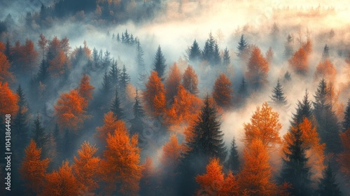 Aerial View of a Misty Autumn Forest with Vibrant Orange Trees Surrounded by Evergreen Foliage