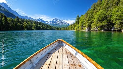 A pristine mountain lake view from a wooden boat, set against a backdrop of majestic peaks under a clear blue sky, capturing pure natural beauty and tranquility. photo