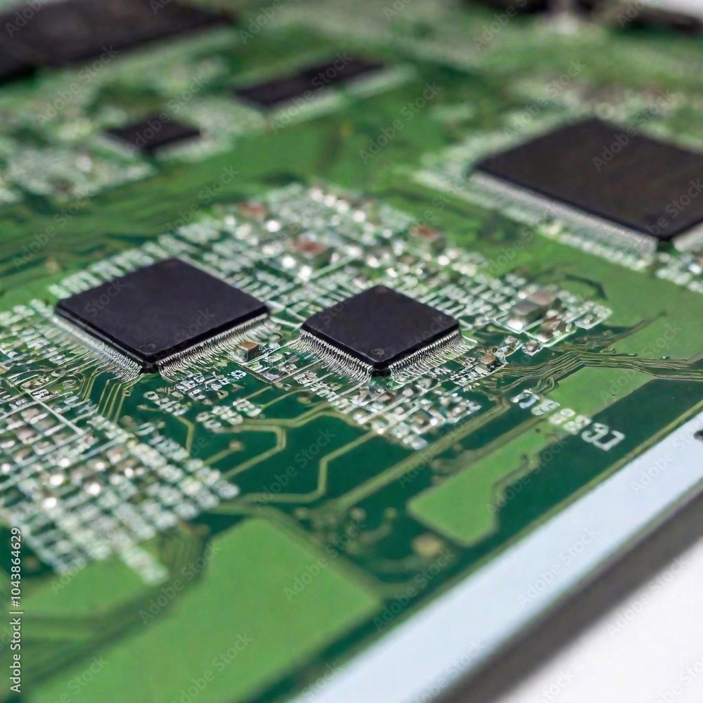 A rack focus close-up of a digital circuit board with intricate details in sharp focus, at eye level, while the background of the tech lab blurs softly, showcasing the complexity and innovation in