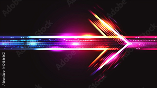 Glowing pink purple arrow sign on dark background - horizontal poster. Futuristic technology dynamic shining arrow symbol concept banner. Digital painting. AI artwork.  photo