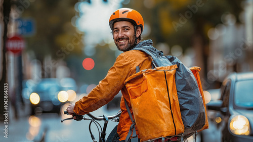 A portrait of a delivery guy on a bicycle with a large delivery bag