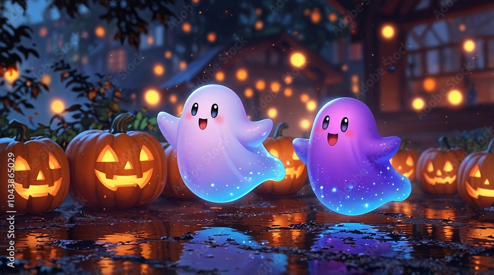 A couple of funny ghost running on rainy road, Halloween scene A couple of funny ghost running on rainy road, Halloween scene