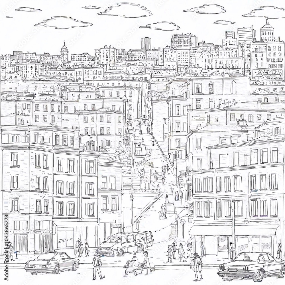 Obraz premium A coloring page of a cheerful cartoon cityscape with tall buildings, cars, and people walking on the streets, filled with patterns and shapes to color in