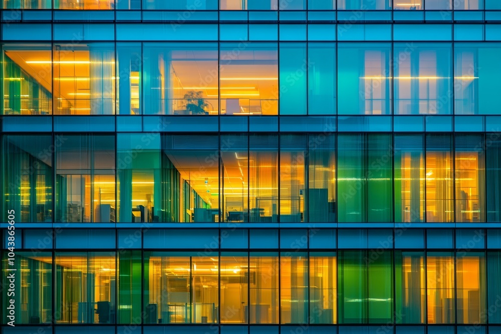Modern Office Building Glass Facade with Illuminated Windows at Night Modern Office Building Glass Facade with Illuminated Windows at Night