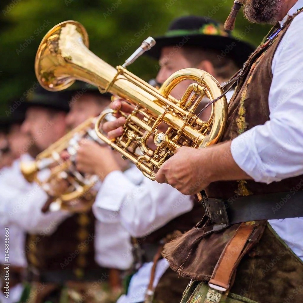 Obraz premium extreme macro traditional Bavarian band playing music at Munich Oktoberfest. The rack focus starts on the musicians' instruments and transitions to the audience clapping and dancing along, all