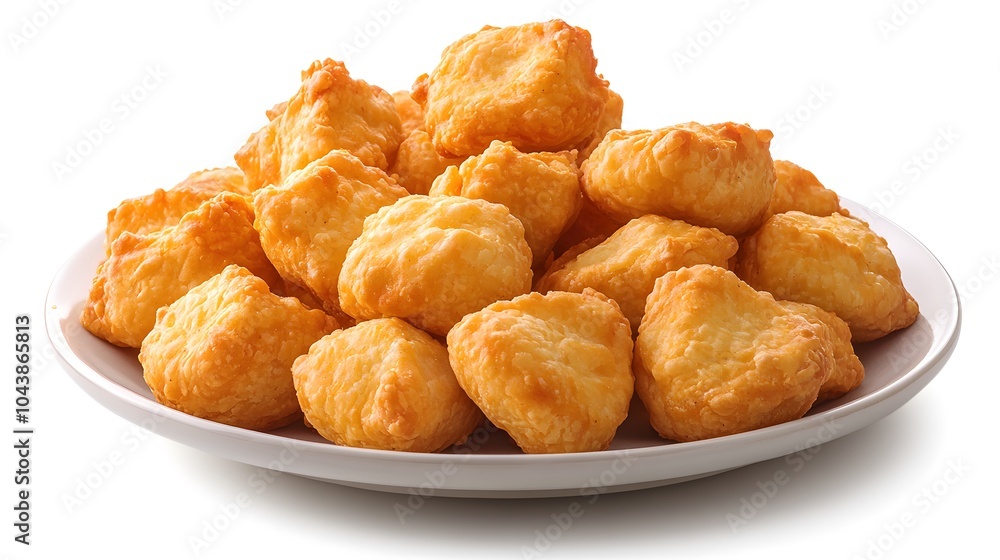 Golden crispy chicken nuggets piled on a ceramic plate against a white background Golden crispy chicken nuggets piled on a ceramic plate against a white background