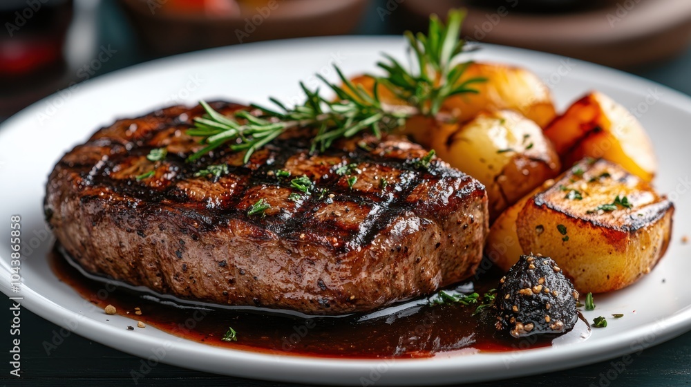 An exquisite gourmet steak garnished with rosemary is plated with perfectly roasted vegetables, offering a culinary delight that is rich in both flavor and presentation. An exquisite gourmet steak garnished with rosemary is plated with perfectly roasted vegetables, offering a culinary delight that is rich in both flavor and presentation.