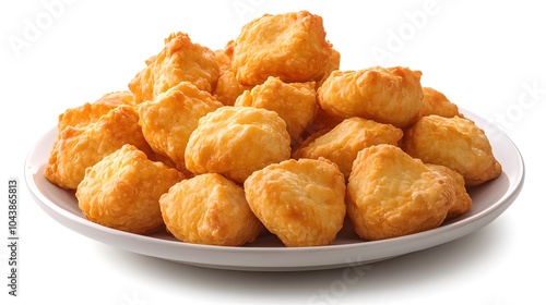 Golden crispy chicken nuggets piled on a ceramic plate against a white background