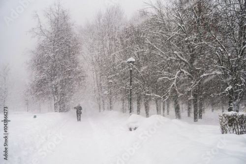 Black and white image of a heavy snowfall. Walking with a dog in bad weather on a city street. Snow storm in the city.