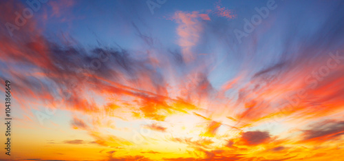 Fototapeta Naklejka Na Ścianę i Meble -  Morning clouds and sky,Panorama sunset sky and cloud background,Orange sky and clouds background,Background of colorful sky concept, amazing sunset with twilight sky and clouds 