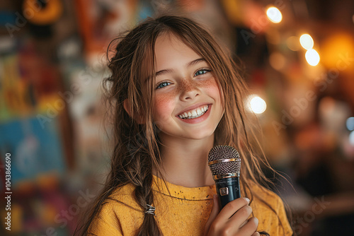 A joyful young girl with natural curls holds a microphone, glowing with happiness. Her bright smile and colorful backdrop enhance her cheerful demeanor photo