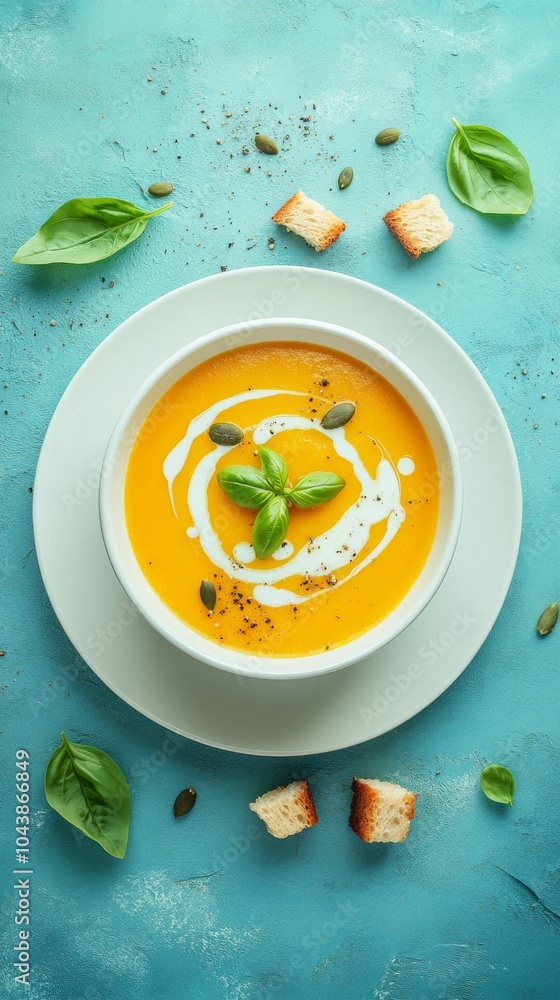 Delicious pumpkin soup garnished with fresh herbs and croutons, offering a cozy, healthy autumn dish ideal for culinary promotions, seasonal recipes, thanksgiving Delicious pumpkin soup garnished with fresh herbs and croutons, offering a cozy, healthy autumn dish ideal for culinary promotions, seasonal recipes, thanksgiving