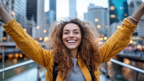 An excited, bright woman raises her arms in delight amidst a bustling cityscape, where vivid lights and buildings frame an energetic scene teeming with vibrant joy. photo