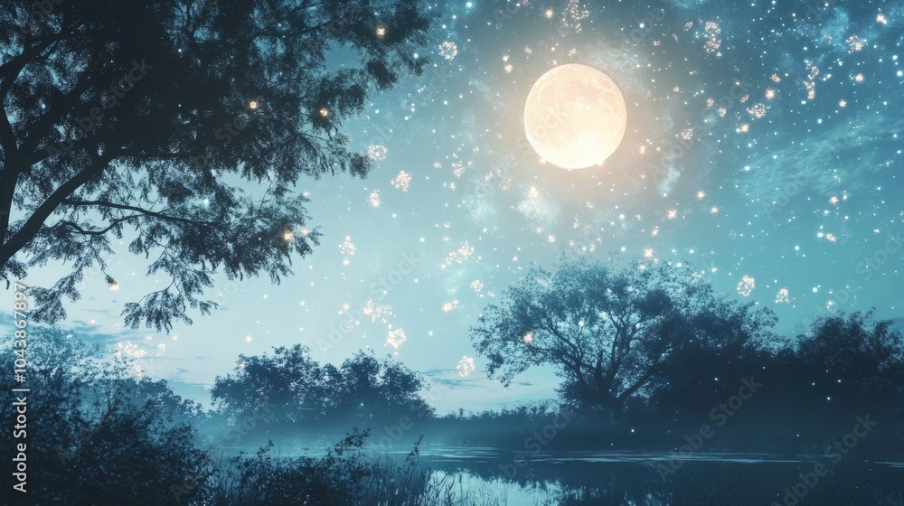 Fototapeta premium Moonlit Night Sky with Sparkling Lights