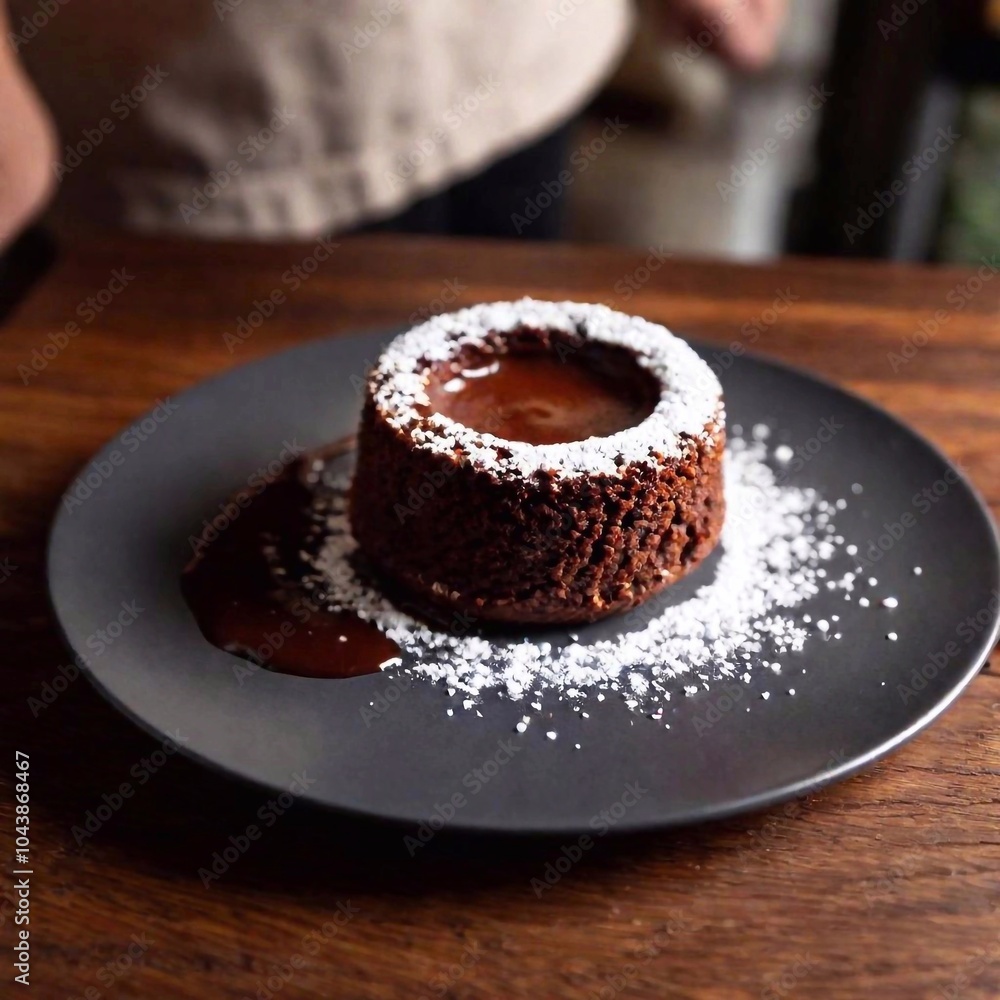 An aerial shot of a chocolate lava cake with a molten center, with the cake in sharp focus and the plate and background gently blurred, emphasizing the gooey, decadent inside. An aerial shot of a chocolate lava cake with a molten center, with the cake in sharp focus and the plate and background gently blurred, emphasizing the gooey, decadent inside.