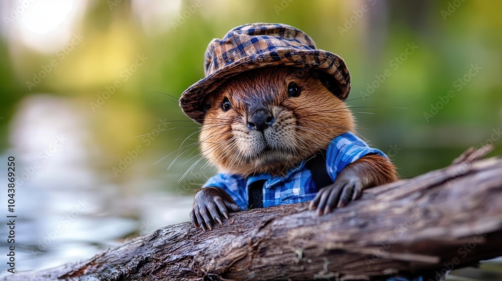 Obraz premium A charming beaver is pictured wearing a plaid shirt, leaning on a log, and sporting an adorable hat, capturing a delightful woodland scene full of whimsy.