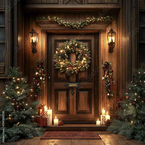 Wallpaper Mural Entryway with Christmas wreath, candles, and garlands, warm holiday welcome, 3D illustration Torontodigital.ca