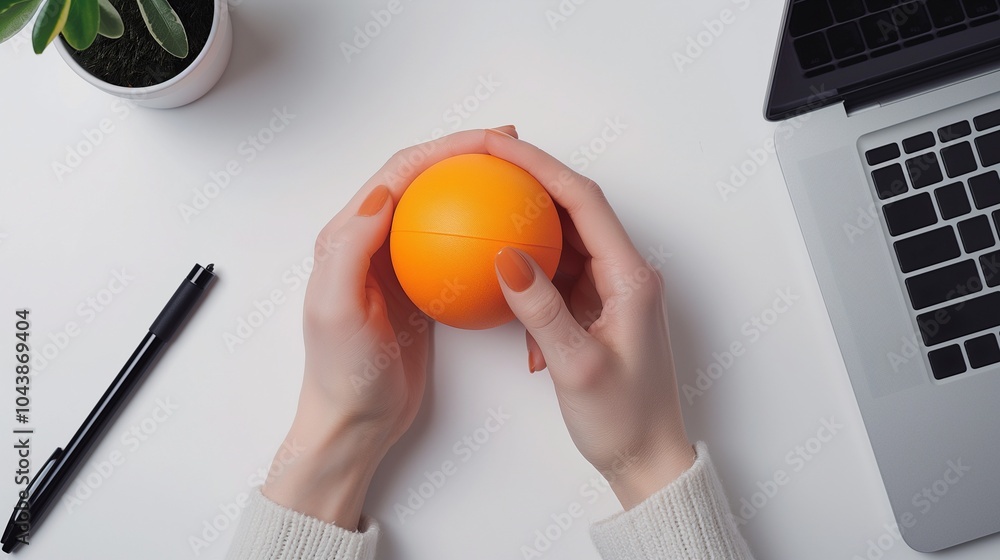 Female hands holding orange stress ball at organized work desk. Laptop, pen, flowerpot. Stress relief in professional workspace template advertising image. Mock up product photorealistic