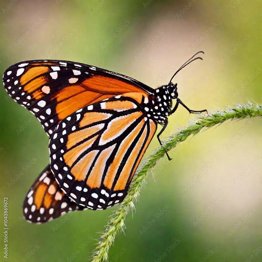 Obraz premium A close-up photo of a butterfly with dew drops on its wings in the early morning light, deep focus emphasizing the tiny water droplets and the texture of its wing scales, eye-level shot creating an