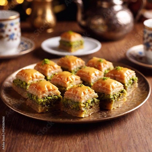 turkish baklava with pistachio nuts. traditional oriental dessert