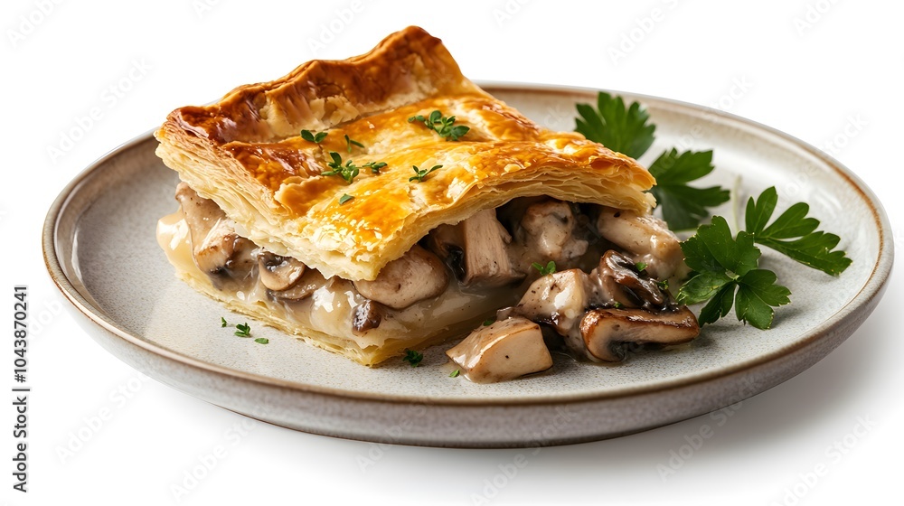 Gourmet mushroom puff pastry with fresh parsley on elegant plate
